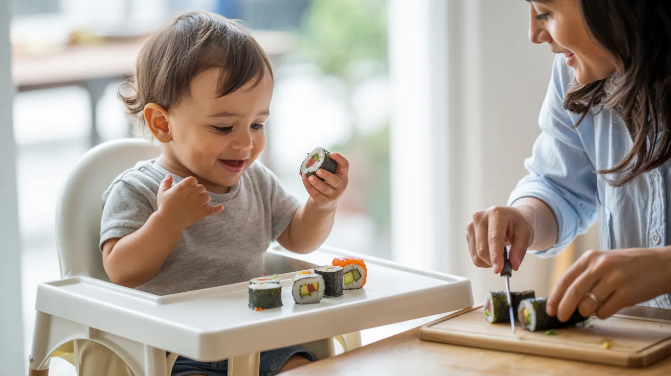 Toddler eating small pieces of avocado and cucumber sushi with parent supervision