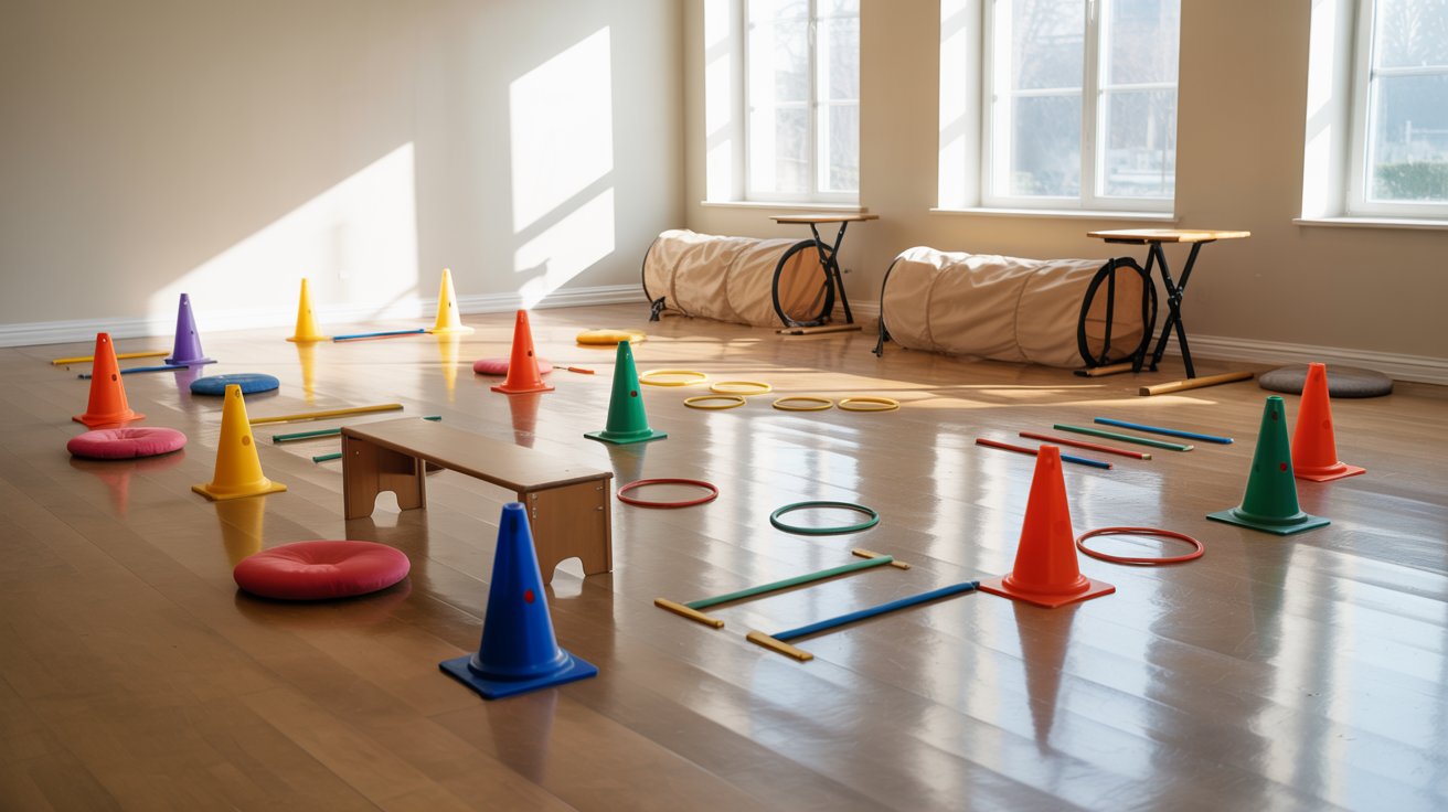 A vibrant room filled with colorful cones scattered across the floor, creating a playful and dynamic atmosphere.