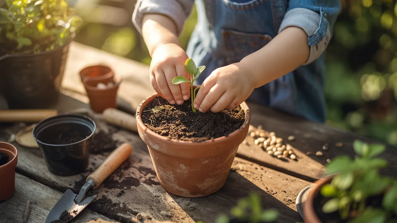 Child planting a small plant in a pot with hands in soil while learning care and responsibility in a natural environment
