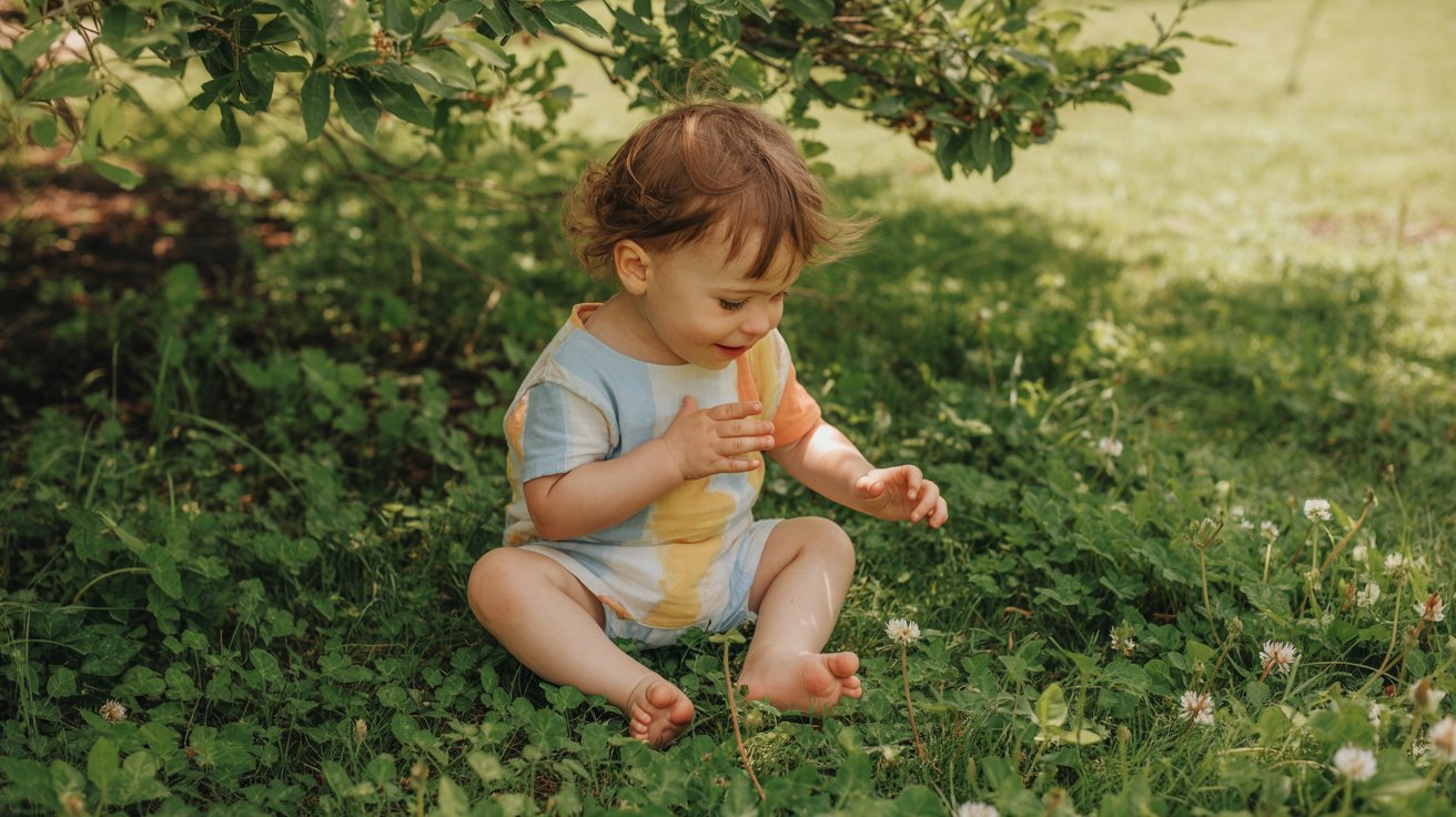 Toddler exploring grass barefoot sensory play