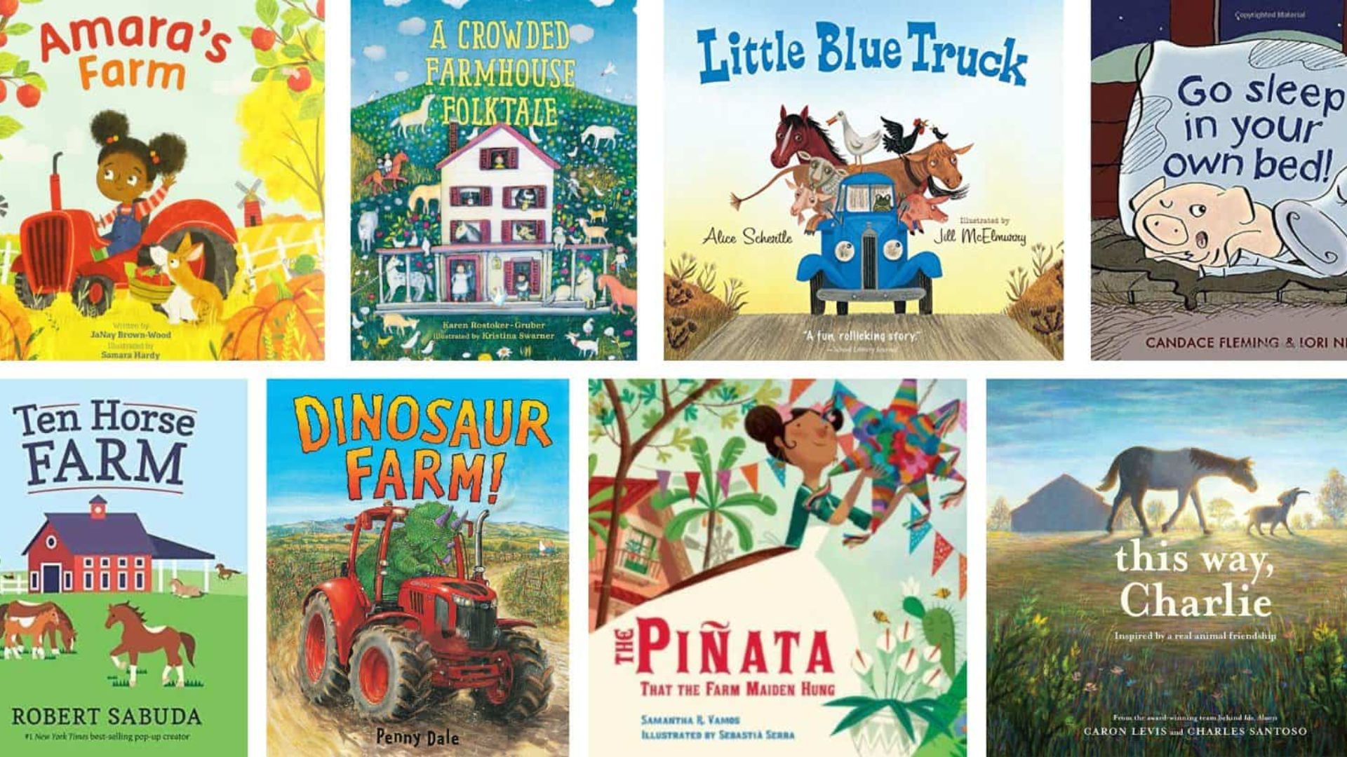 Collage of 8 colorful farm-themed children’s book covers.