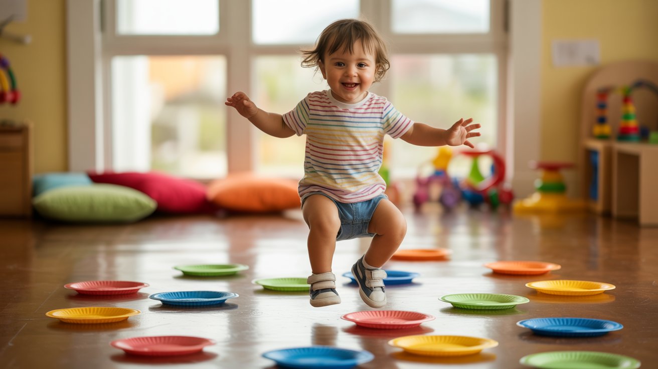 A toddler joyfully jumps on a vibrant pile of colorful plates, showcasing a playful and energetic moment.