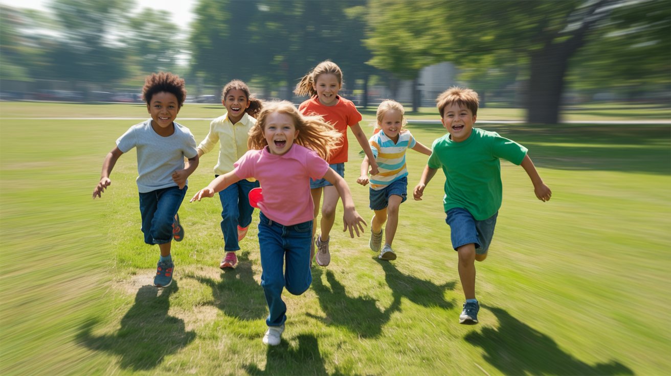 Kids running and chasing each other in a park playing tag