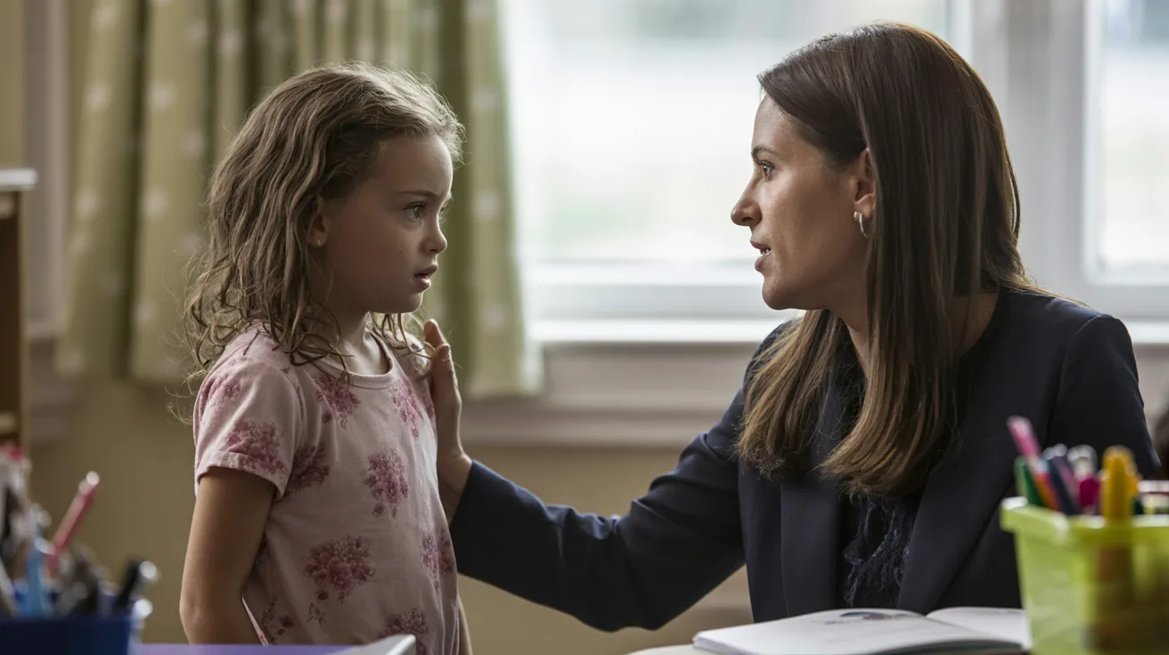 Parent or teacher calmly guiding a child through a difficult moment while teaching respectful behavior with patience and care