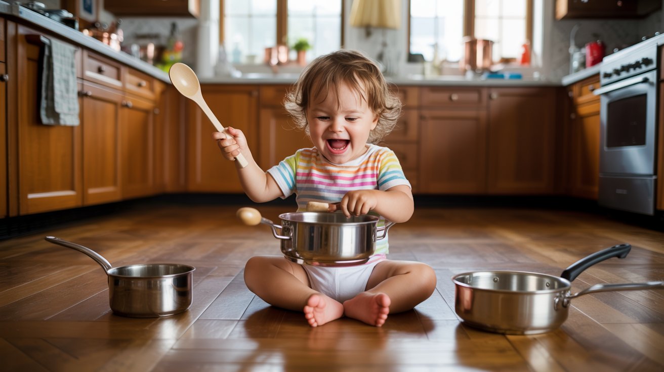 A toddler joyfully playing with pots and pans on the kitchen floor, creating sounds and exploring their surroundings.