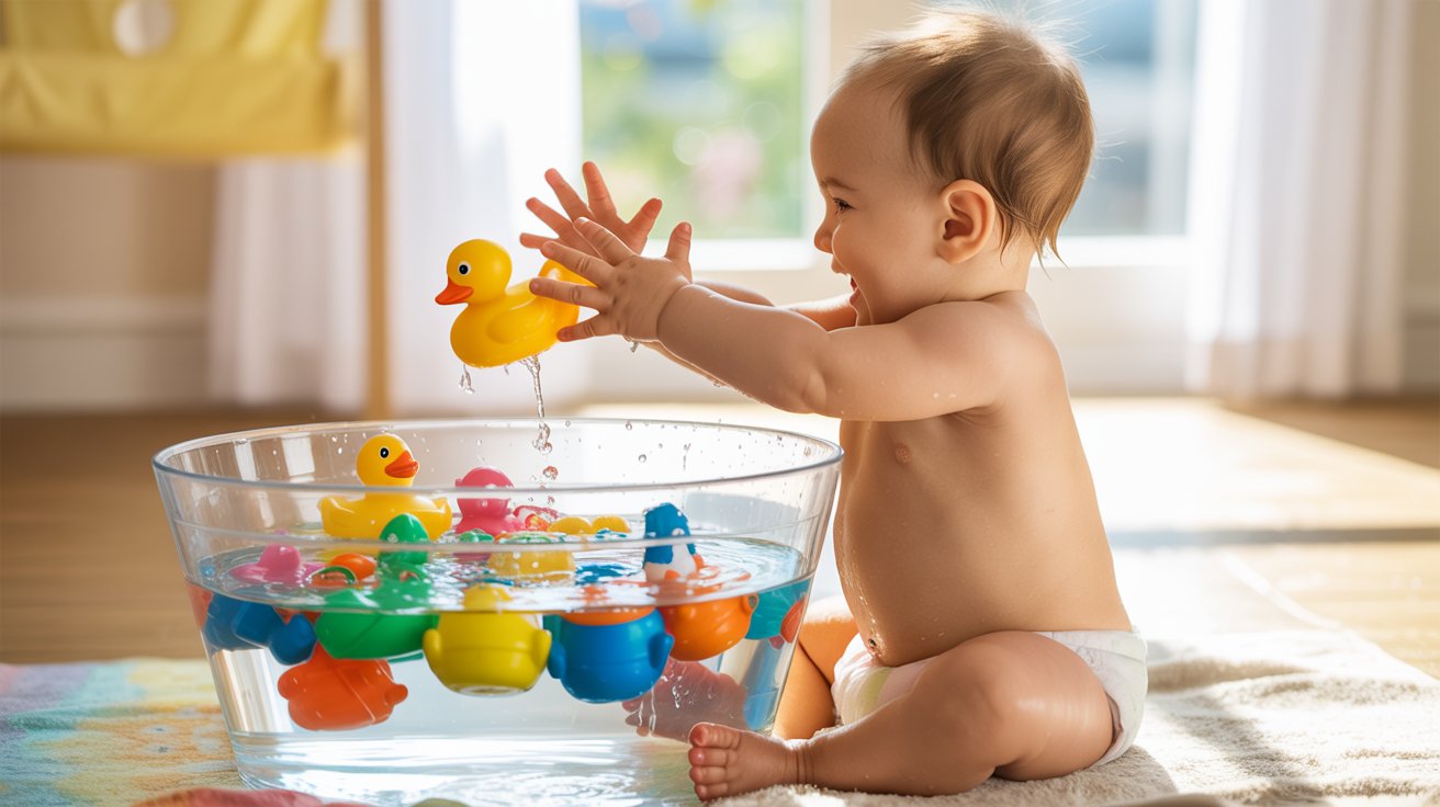 A baby happily playing with colorful toys in a bathtub filled with water.