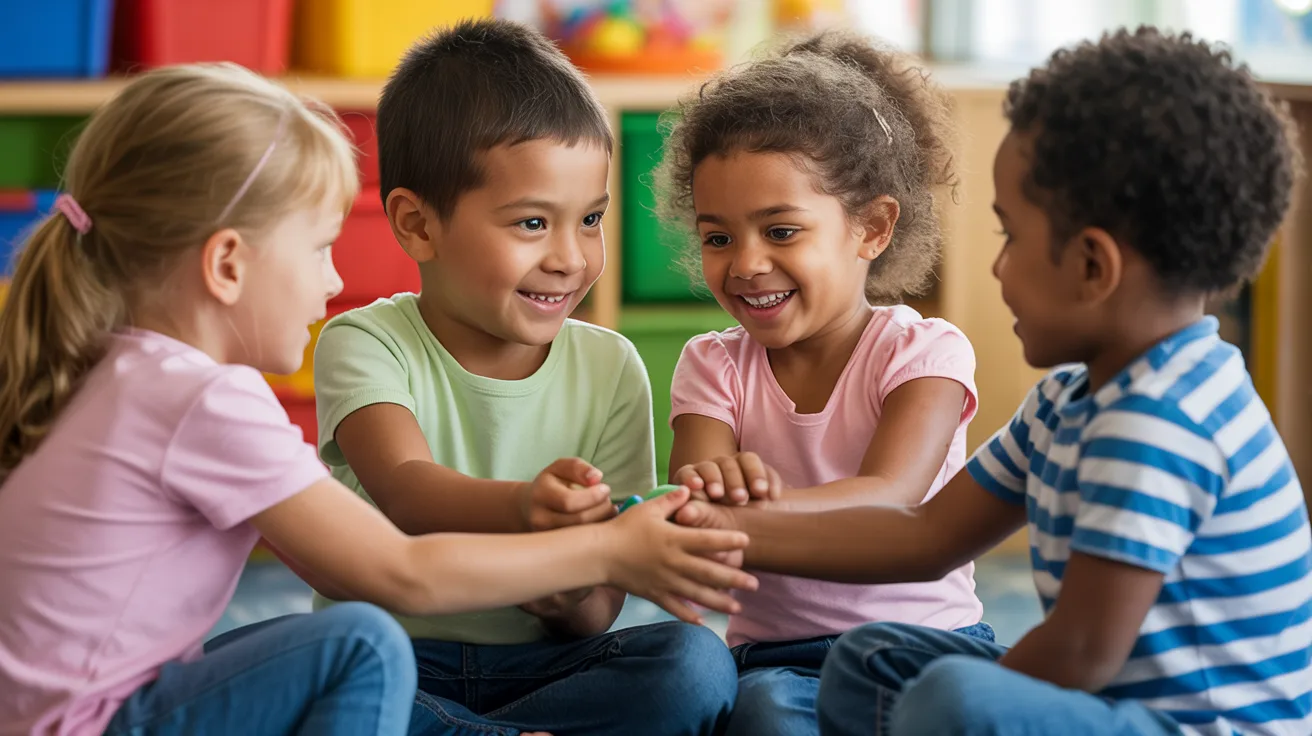 Children playing together while sharing toys and helping each other in a classroom or playground, showing kindness, empathy, and positive social interaction in a natural setting