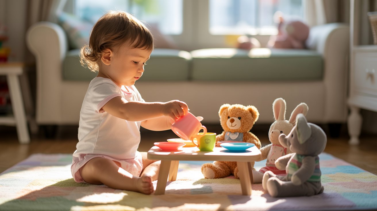 ALT TEXT: A baby girl enjoys a pretend tea party with cups, plates, and stuffed animals on a colorful rug.