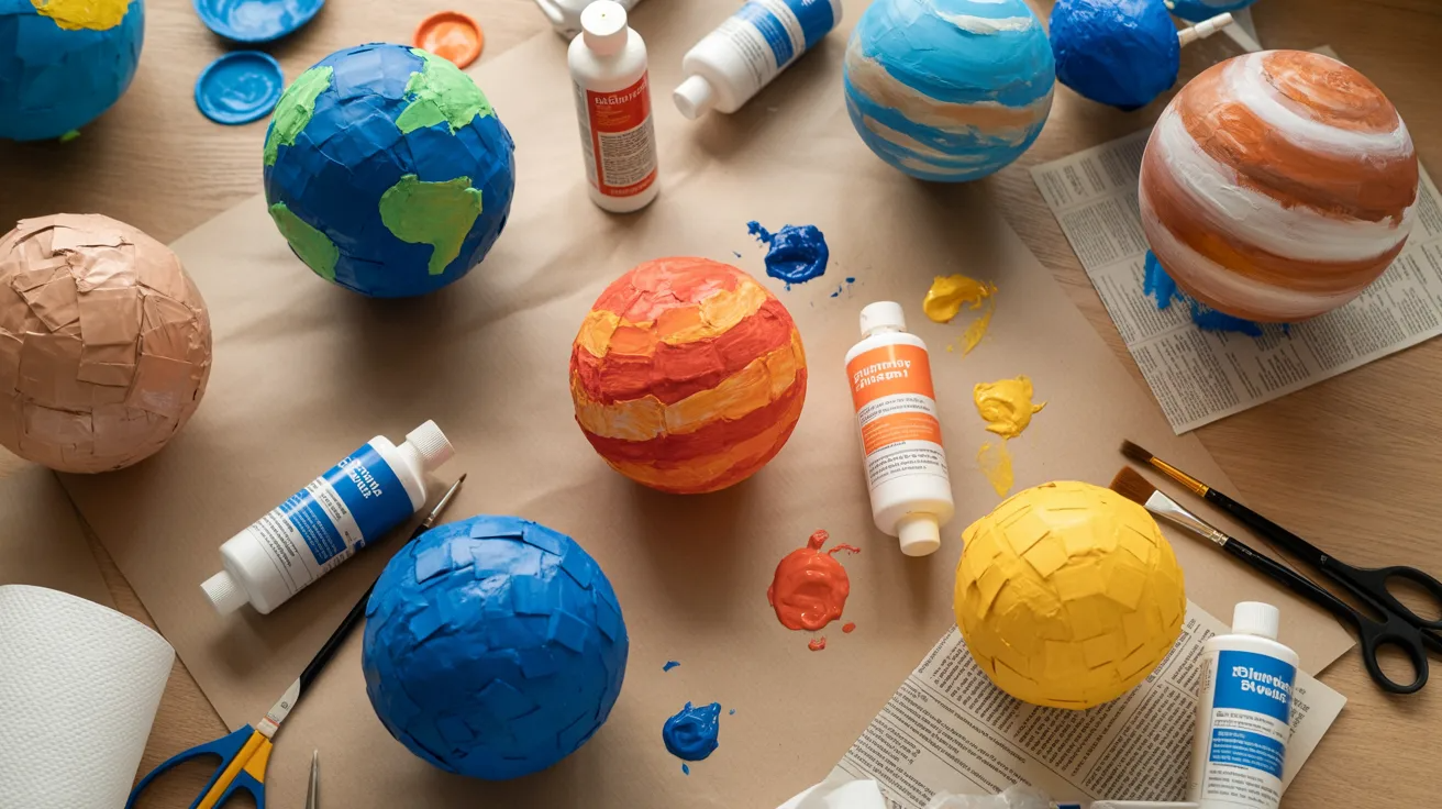Paper mache planets made from balloons and paper strips for kids solar system project.