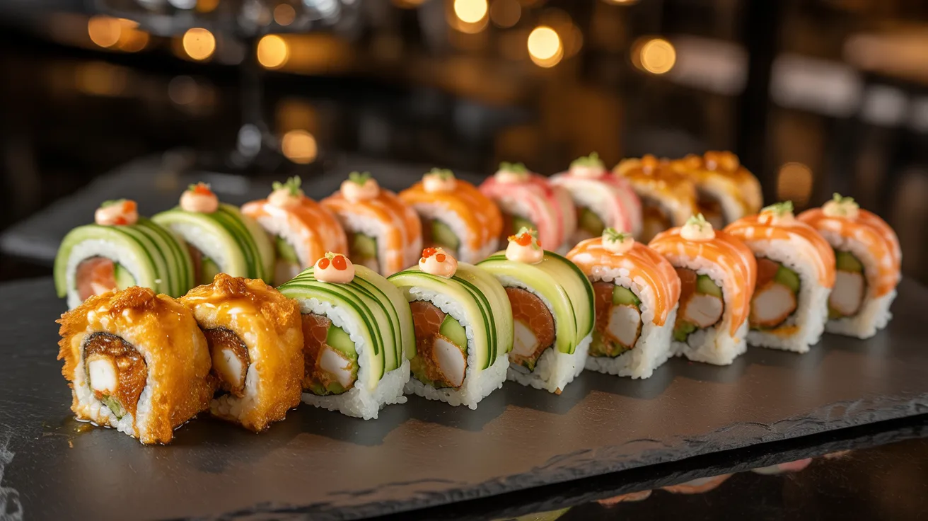 Avocado and cucumber sushi rolls arranged on a clean plate