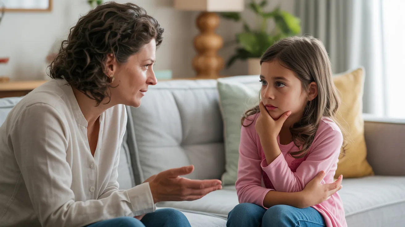 Child pausing thoughtfully before speaking while having a calm conversation with a parent in a cozy living room setting