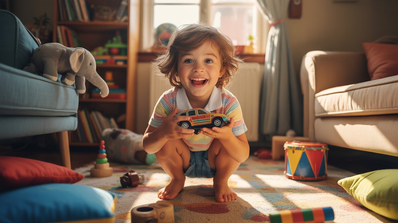 Child finding hidden objects around a room and practicing naming them