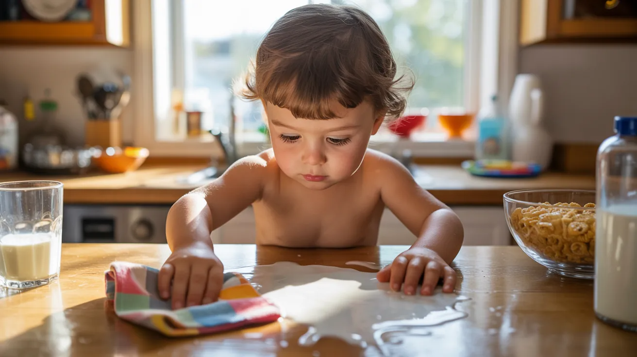 Child wiping spills as life skills activity for kids.