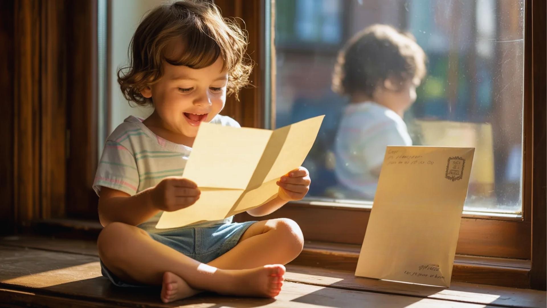 Child reading a letter with a happy and curious expression while sitting near a window in soft natural light