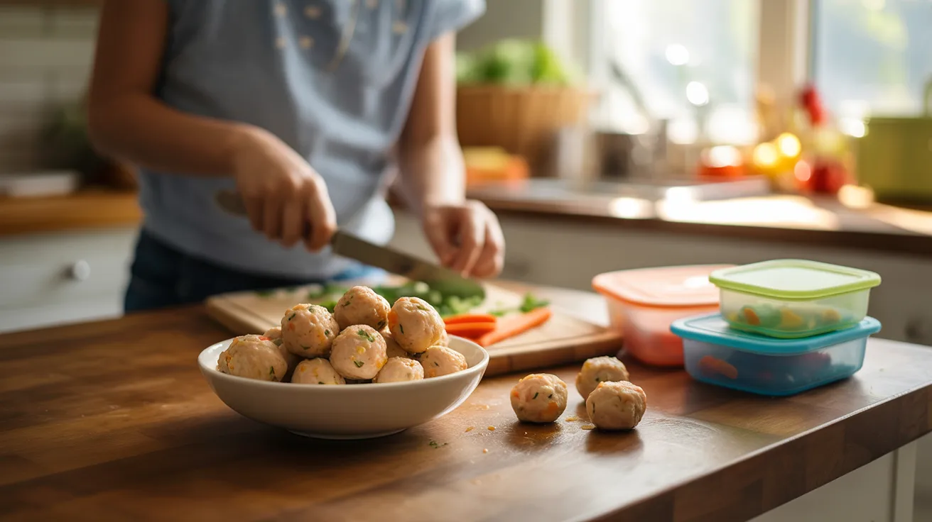 Plate of small homemade chicken meatballs served in a bowl on a kitchen table with soft natural lighting.