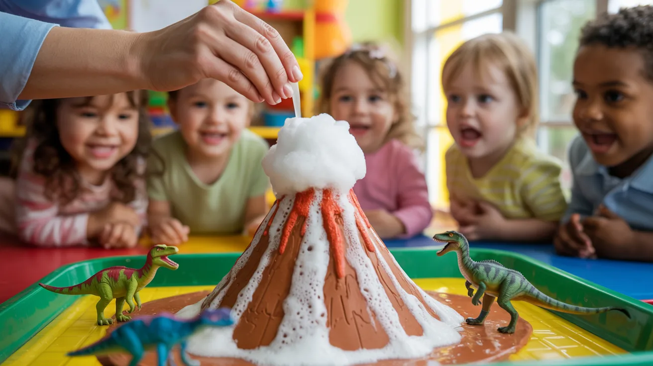 Preschool children watching a baking soda and vinegar dinosaur volcano eruption during a fun hands-on science experiment.