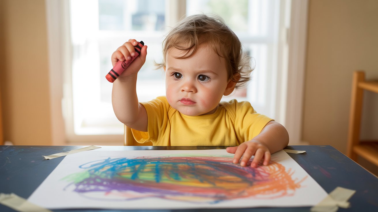 toddler scribbling with crayons on paper