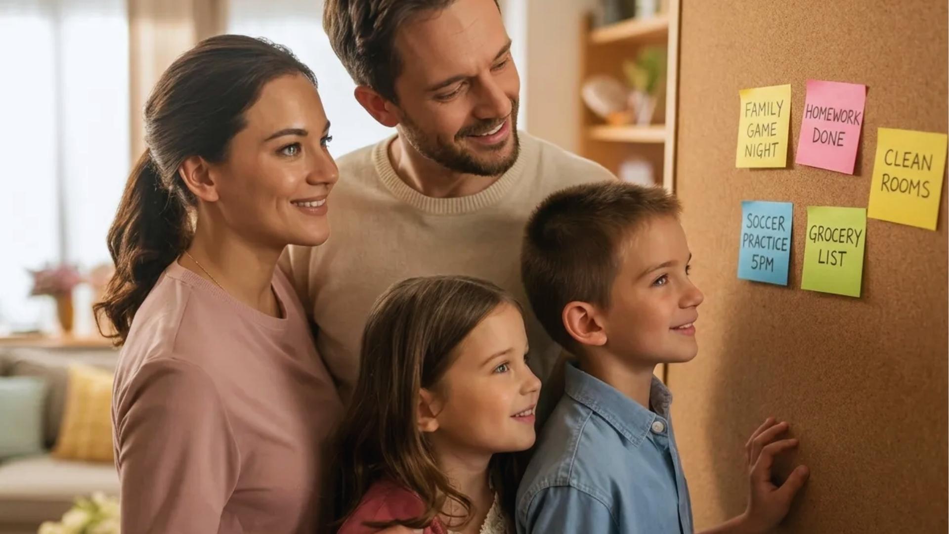 Family standing together and reading kind messages from a colorful compliment board in a cozy and happy home