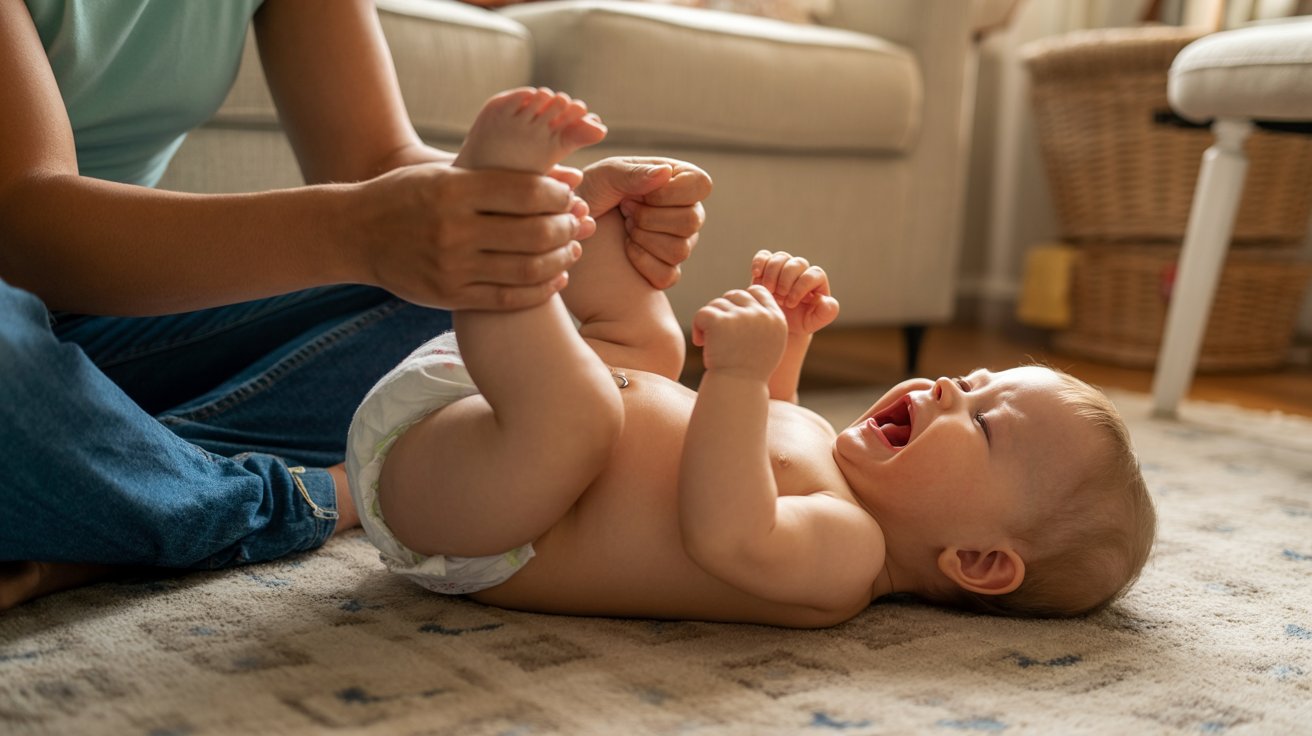 Baby experiencing gas pain while parent helps with leg exercises