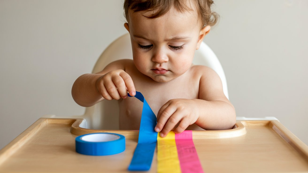 A baby sitting in a high chair, playing with a roll of colorful tape.