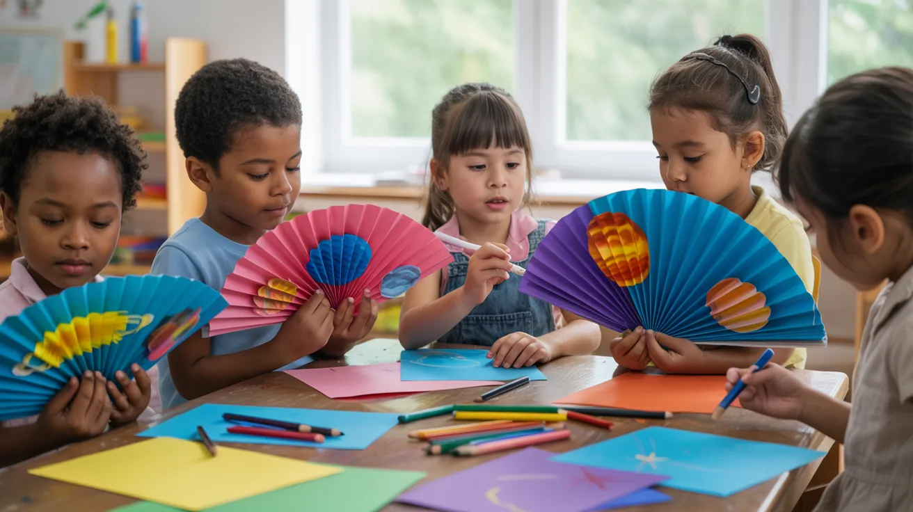 Children folding paper fans and drawing planets for solar system craft activity.