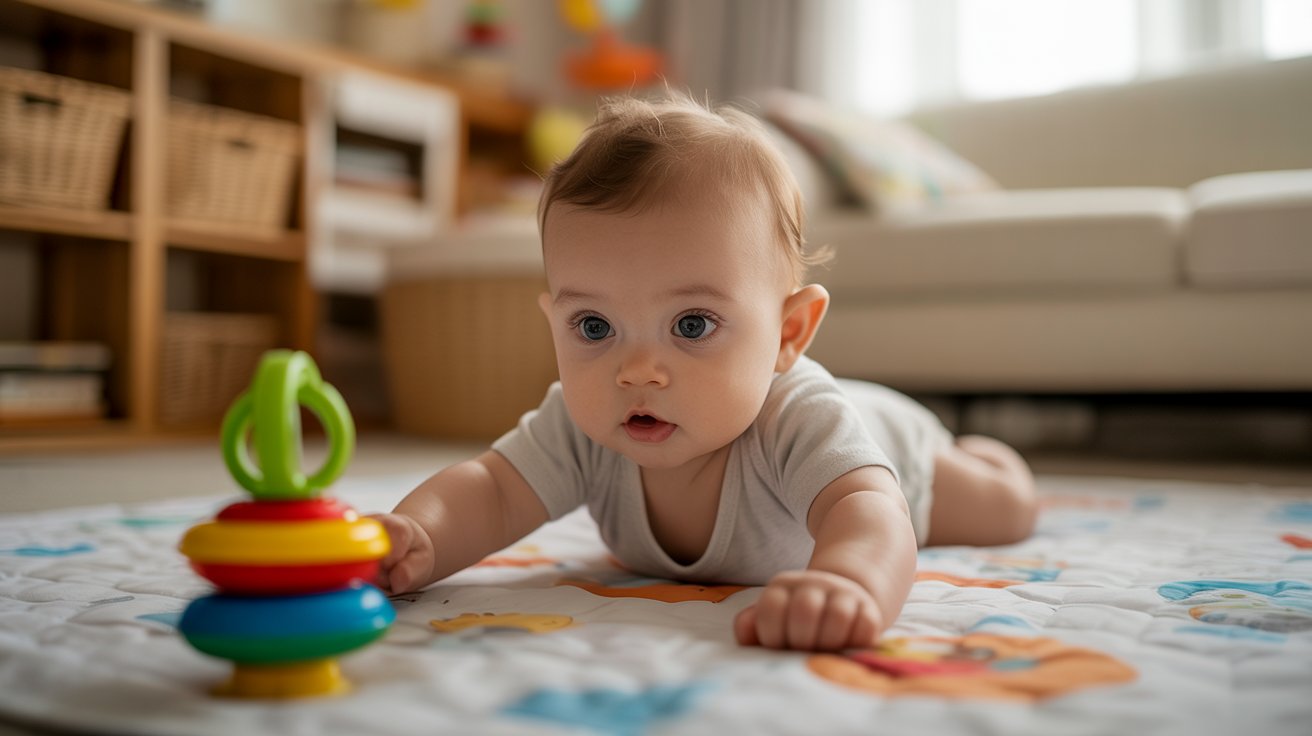 Baby reaching toward toy on play mat showing early grabbing development