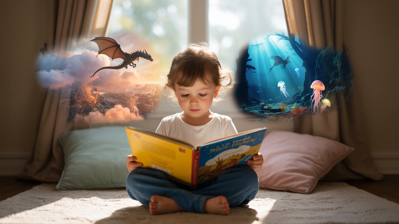 A little girl reads a book featuring a dragon and various animals, immersed in a colorful story.