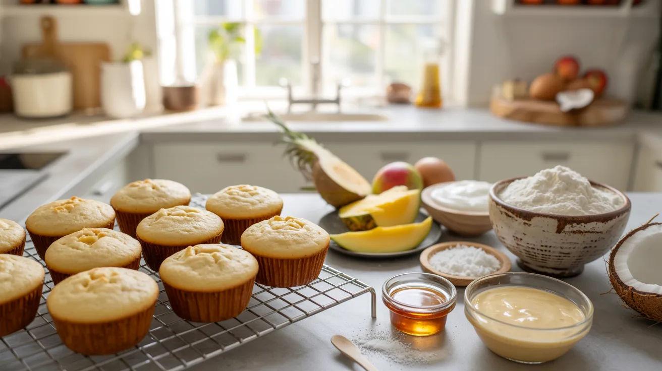 "Freshly baked coconut flour muffins cooling on a rack with coconut flour, shredded coconut, eggs, and tropical fruits in a bright sunlit kitchen showing a gluten-free healthy snack."