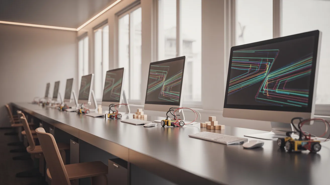Coding setup with multiple computers arranged symmetrically on desks, creating a modern programming workspace environment with a clean and organized tech layout.