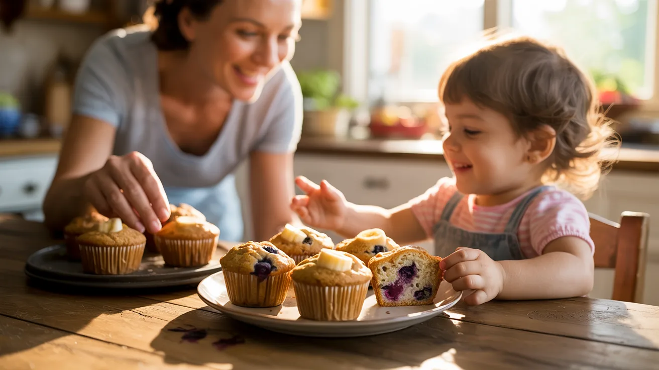 "A happy child enjoying homemade healthy muffins at a cozy kitchen table with a parent serving fresh baked treats in warm natural light."