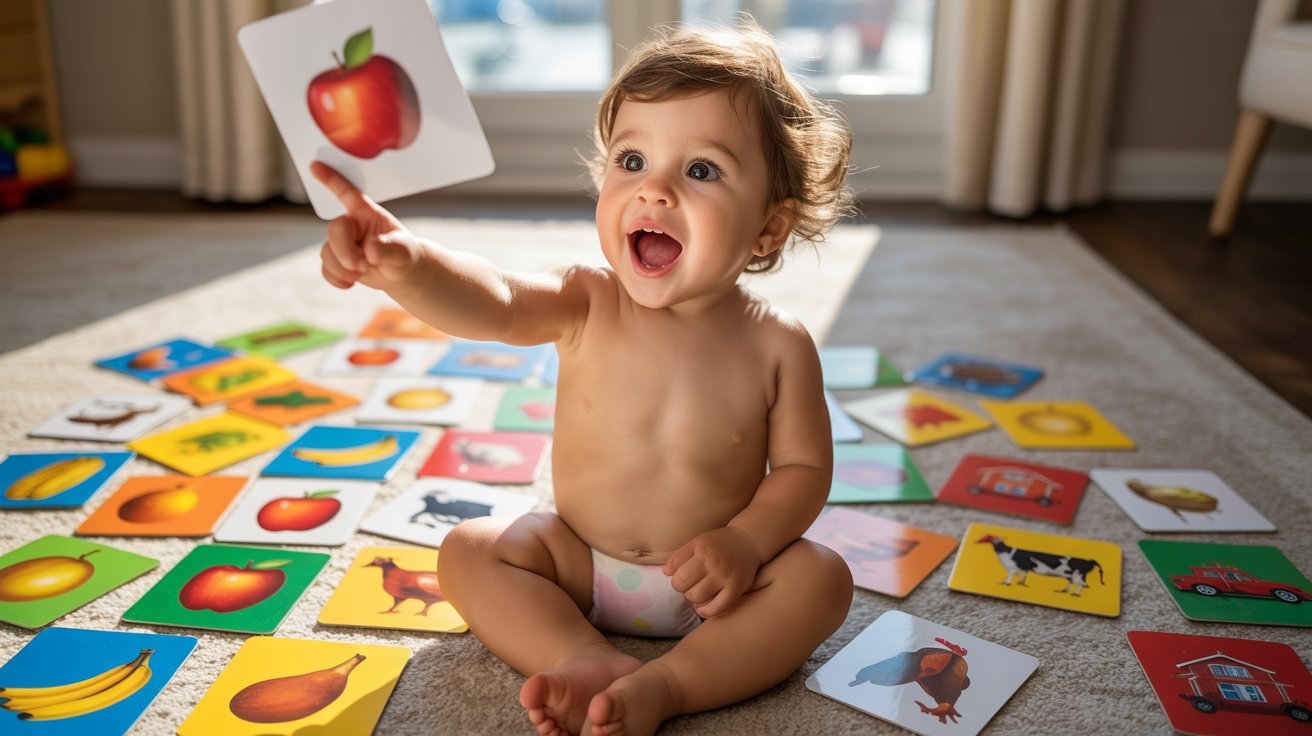 Child naming items from different categories using colorful picture cards