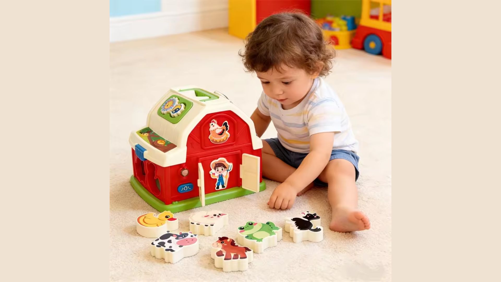 Toddler playing with a red barn shape sorter toy and farm animal blocks on carpet, a fine motor farm activity for toddlers