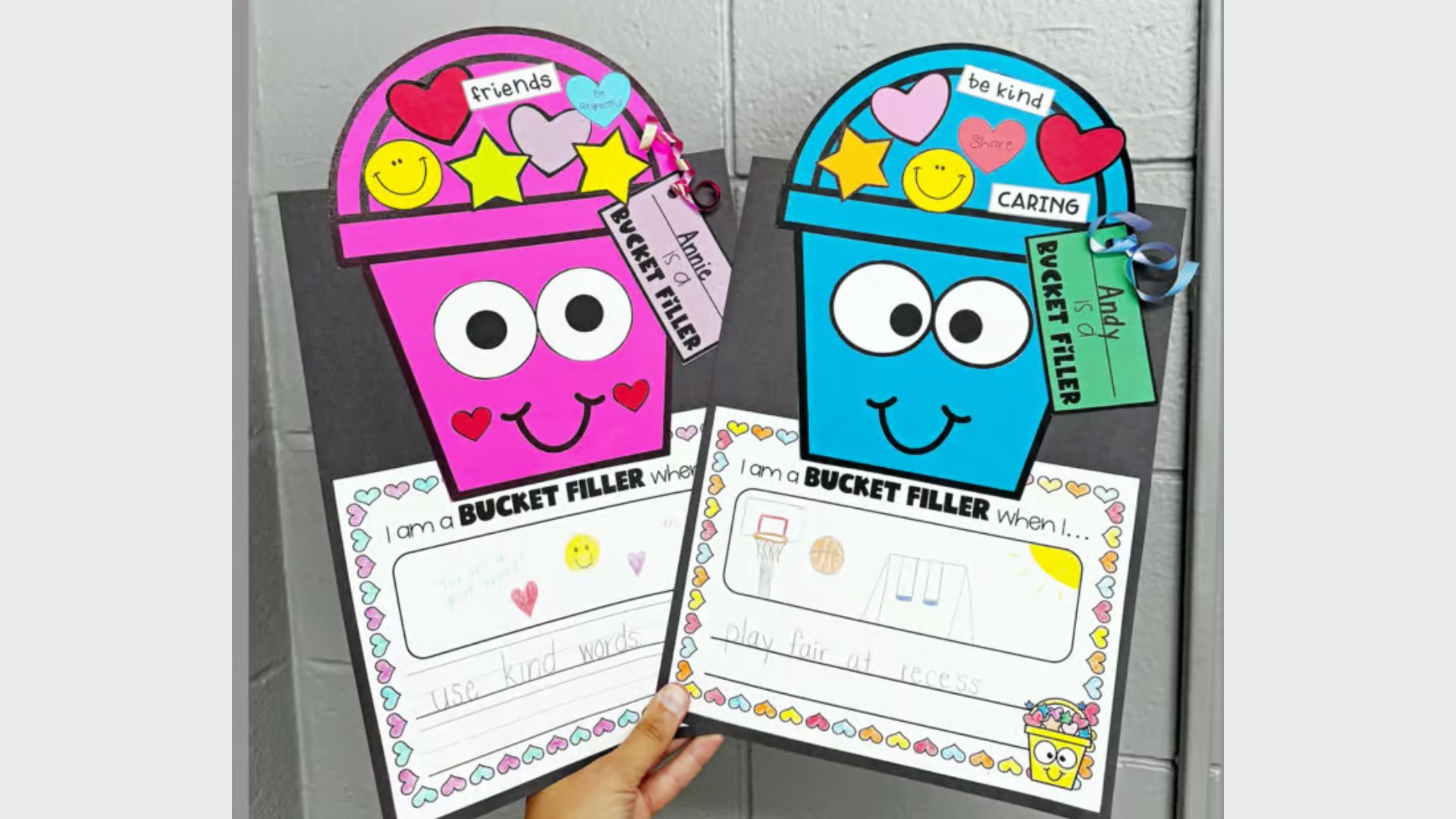 Two colorful bucket filler craft activities featuring pink and blue paper buckets with smiling faces.