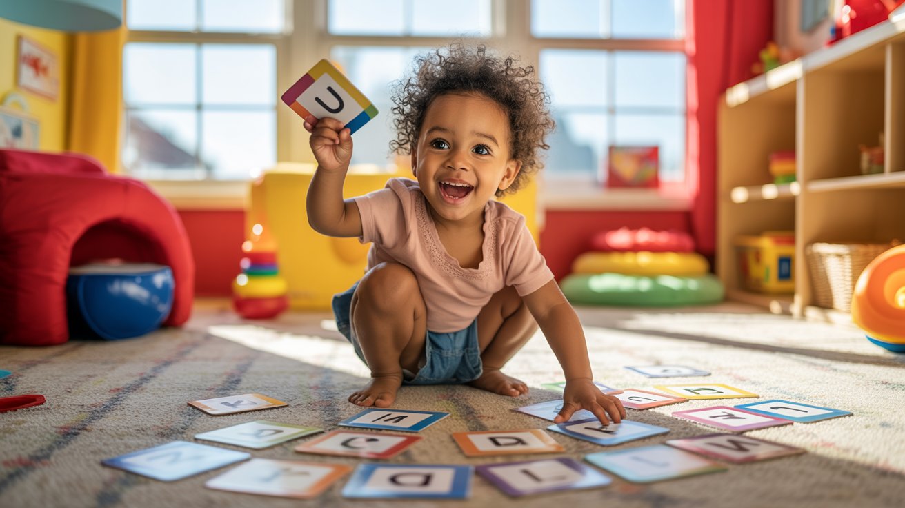 Child finding hidden word cards and reading them aloud during a fun game