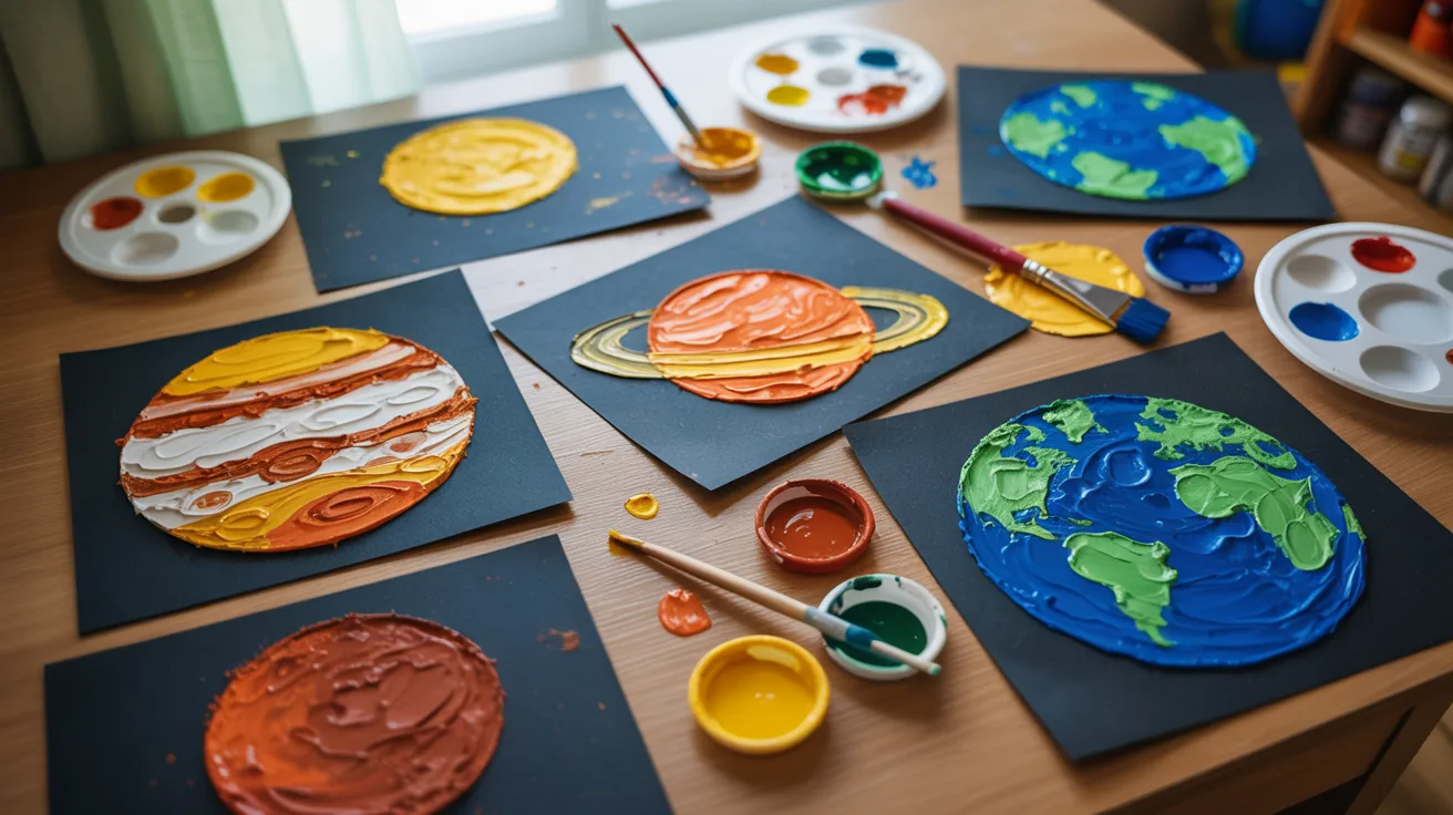 Sponge painted planets on paper for kids' solar system craft activity.