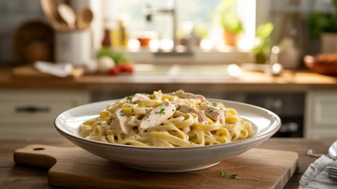 Chicken Alfredo pasta as creamy toddler meal prep freezer meal.