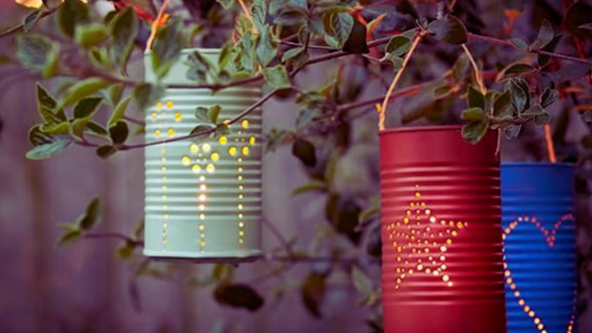Three tin cans with lights are suspended from a tree branch, creating a whimsical outdoor lighting effect.