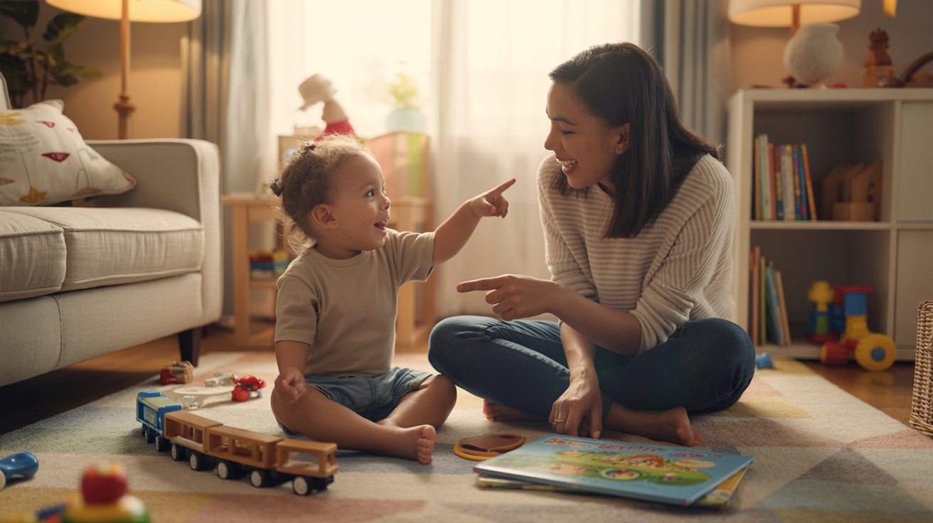 Child and adult playing an interactive guessing game by observing objects in a room