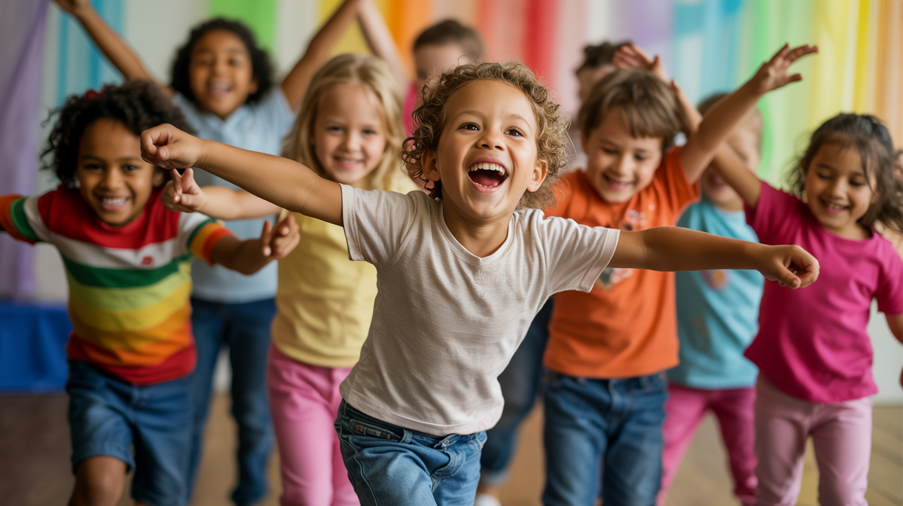 Children joyfully dancing in a vibrant classroom with colorful walls, showcasing a lively and engaging learning environment.
