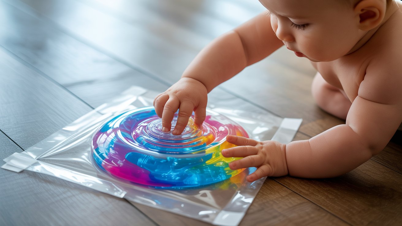 A baby joyfully playing with a bright, colorful plastic toy on a soft surface.