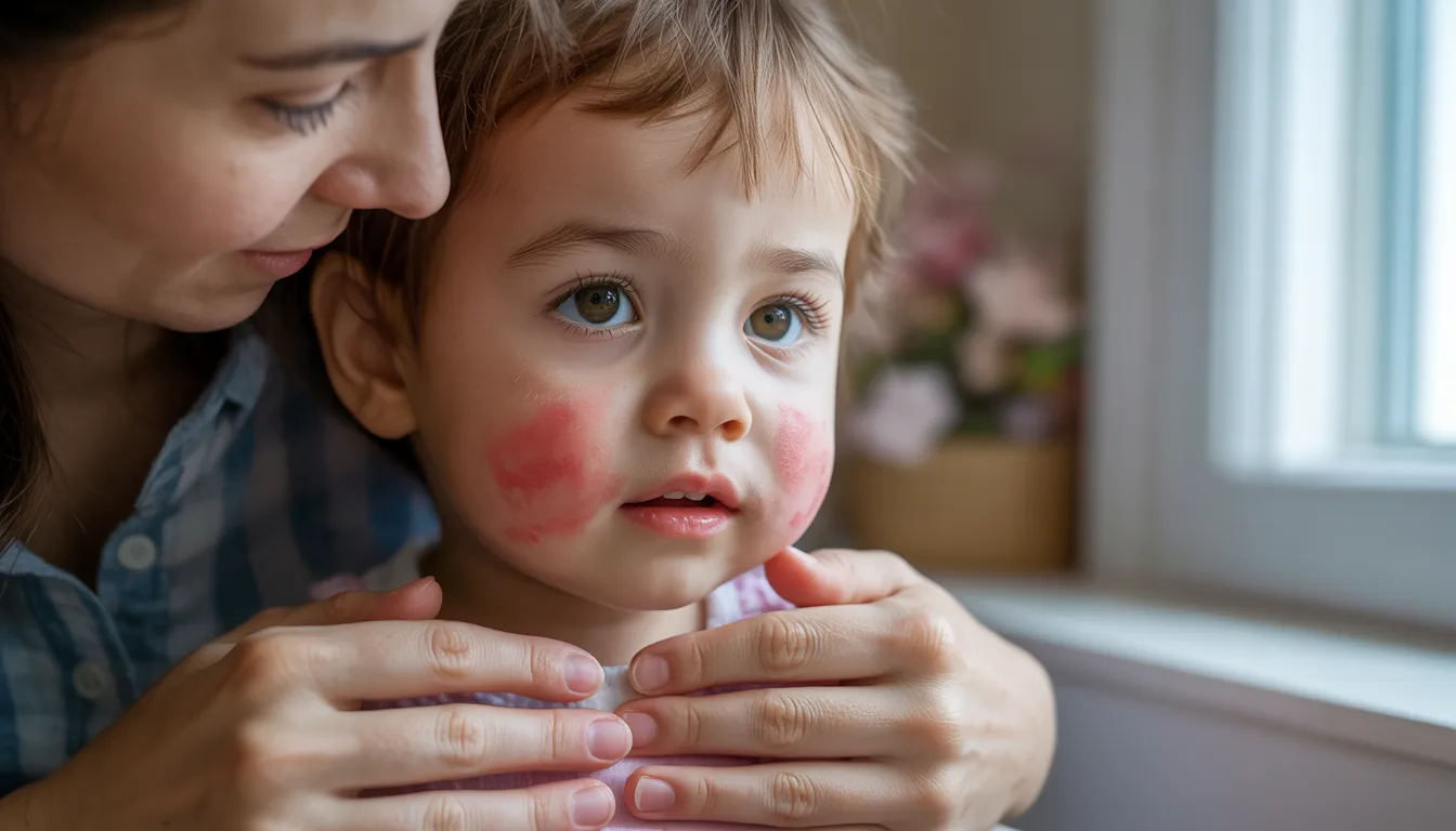 Child with mild redness around mouth being observed by parent
