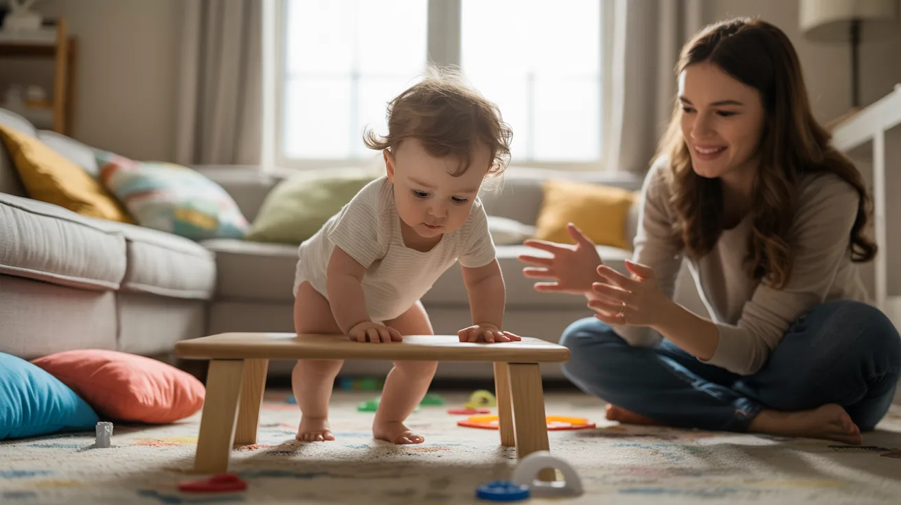 15-month-old toddler climbing cushions in an indoor obstacle course during a fun activity at home.