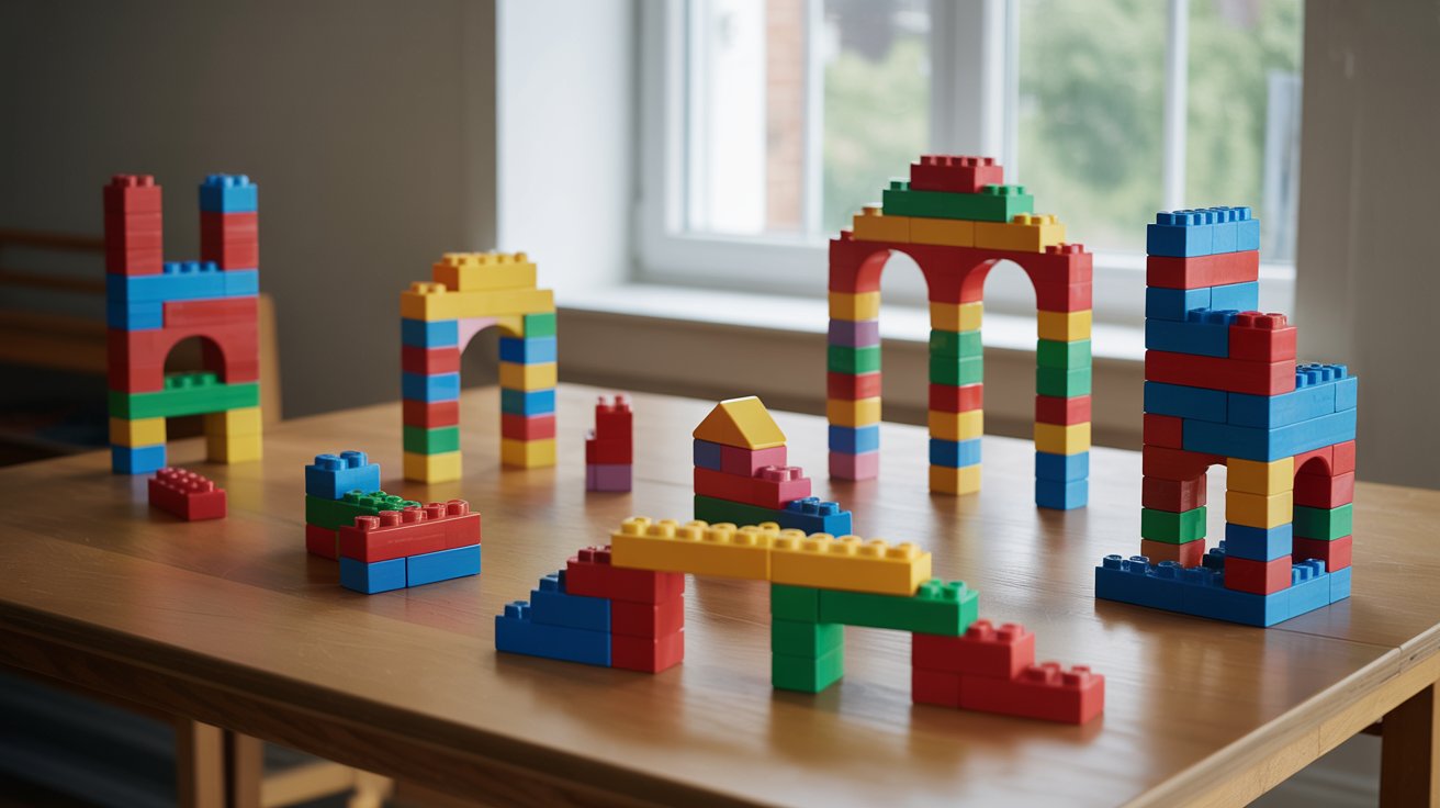 A table displaying an assortment of colorful LEGO bricks in various shapes and sizes.