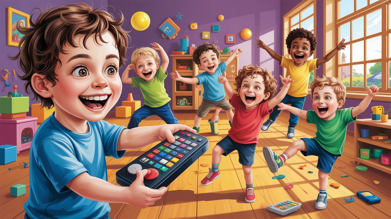 A child holds a remote control, standing in front of a group of attentive children during a playtime activity.