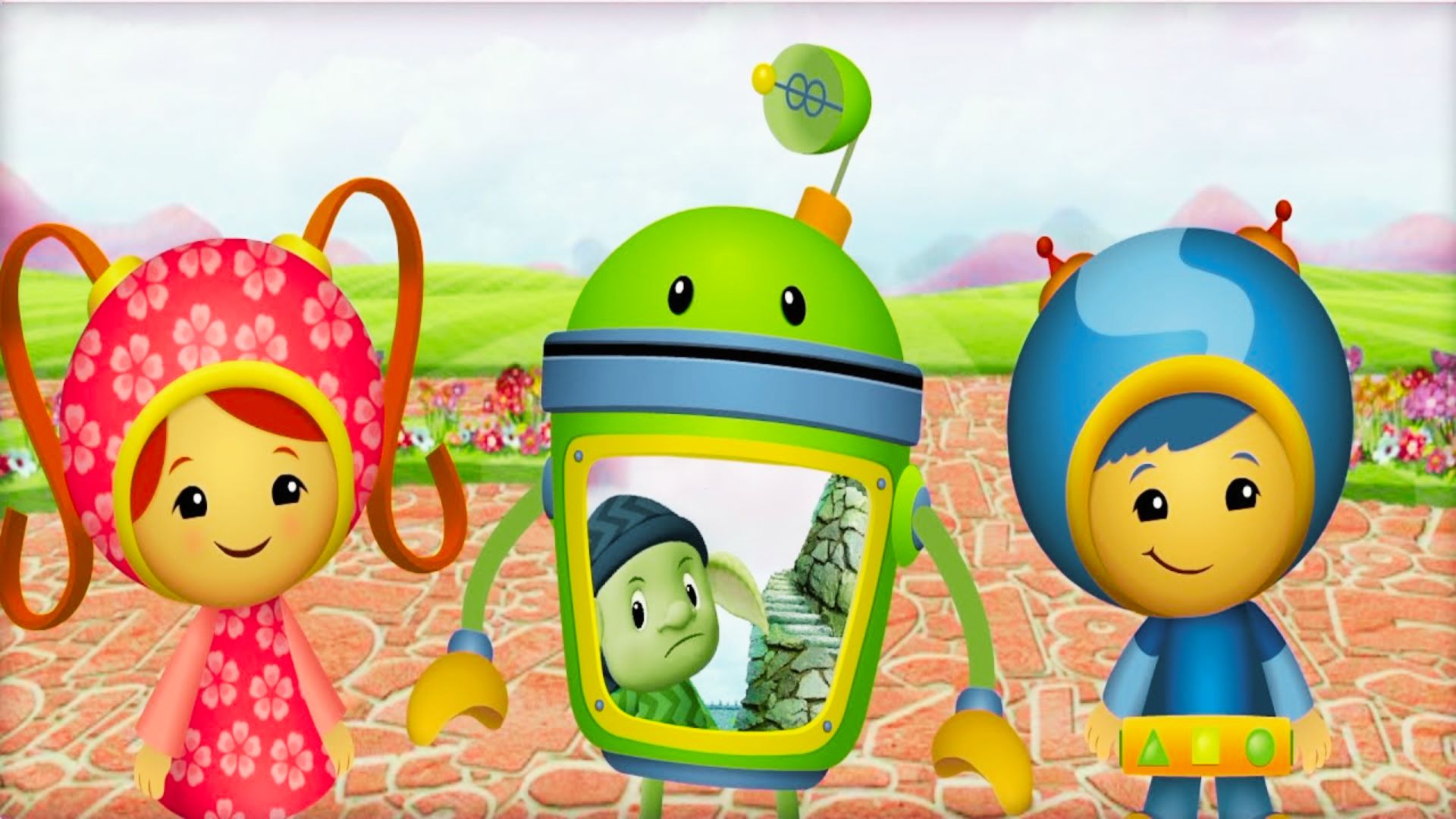 Three children in Team Umizoomi outfits stand together, smiling and ready for an adventure in a colorful cartoon setting.
