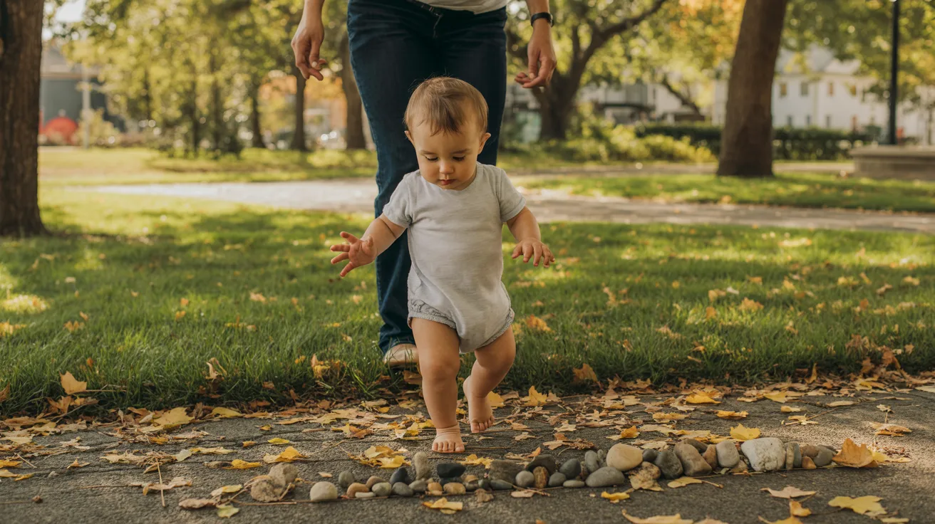 15-month-old toddler exploring outdoors and collecting leaves during a nature walk.