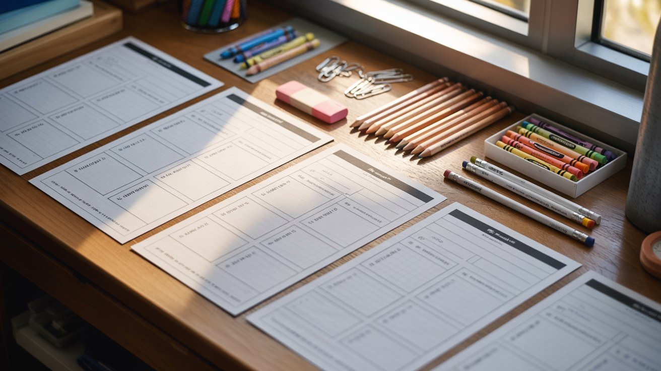 A desk cluttered with various school supplies, including pens, notebooks, and stationery items.