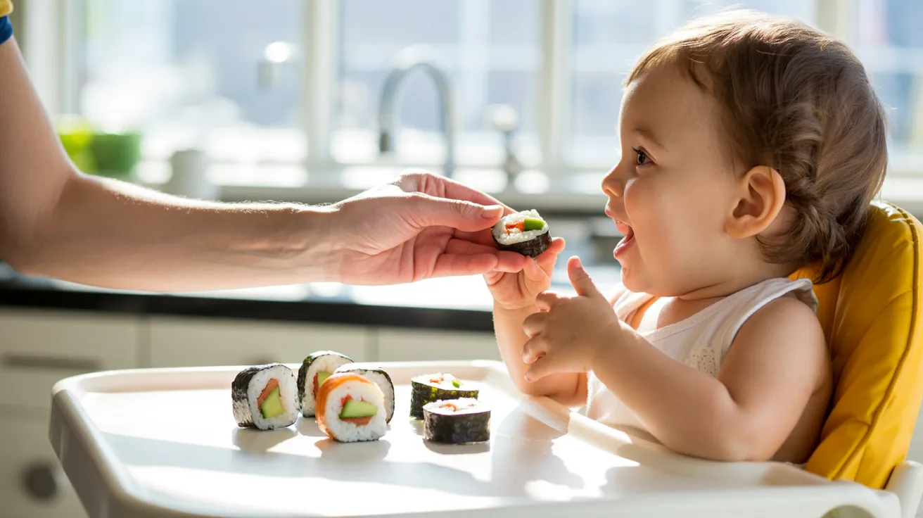 Parent cutting sushi into small pieces for toddler to prevent choking