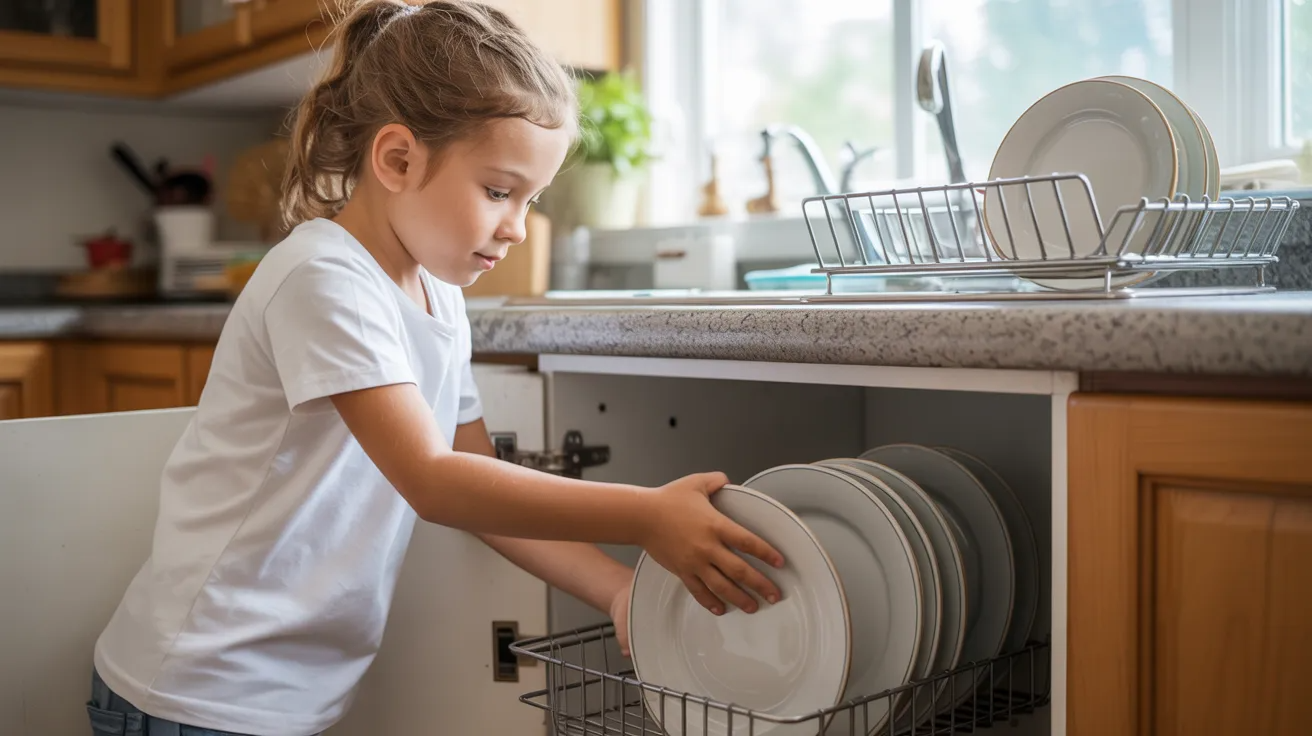 Child putting away dishes as life skills activity for kids.
