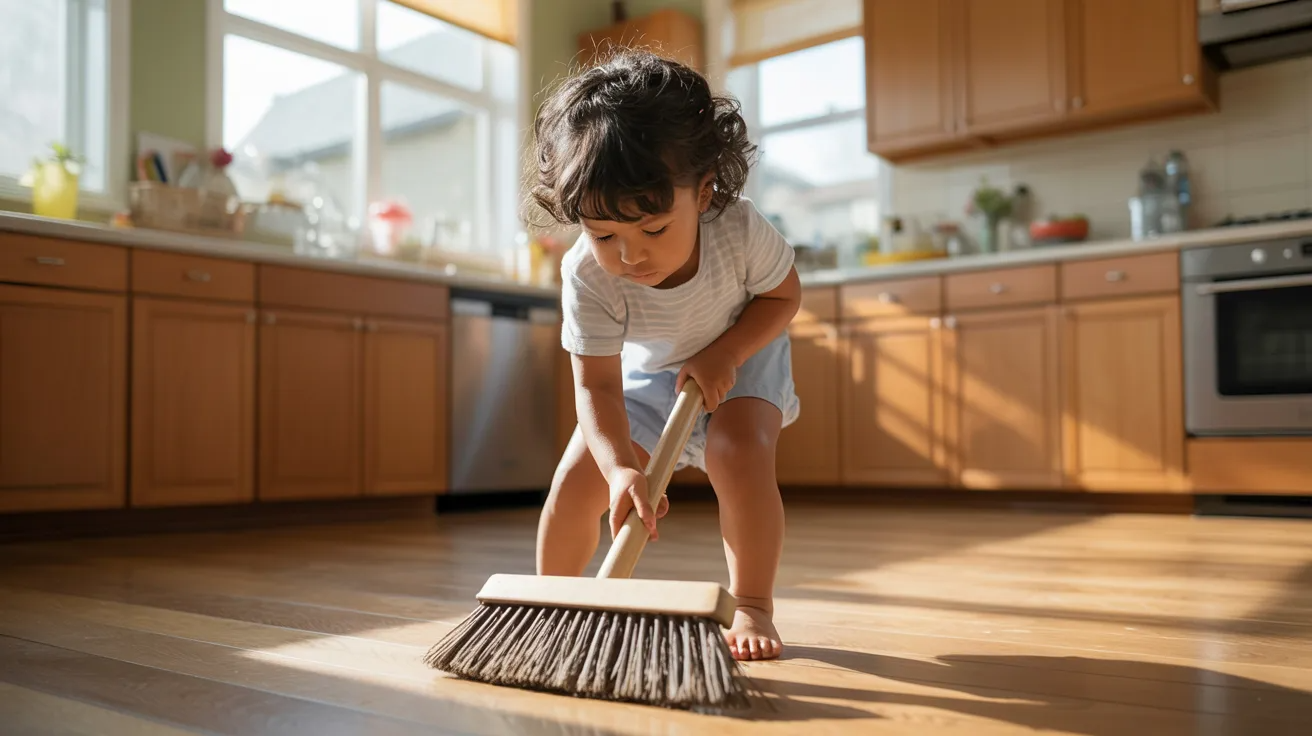 Child sweeping small areas as life skills activity for kids.